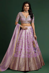 Lavender Tissue Floral Zari Weave and V Neckline Lehenga
